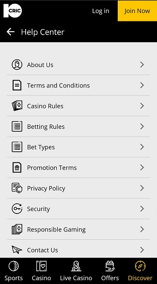 10CRIC mobile app help center