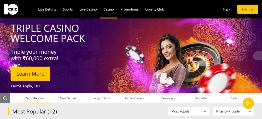 10CRIC triple casino welcome pack - triple your money with ₹60,000 extra!