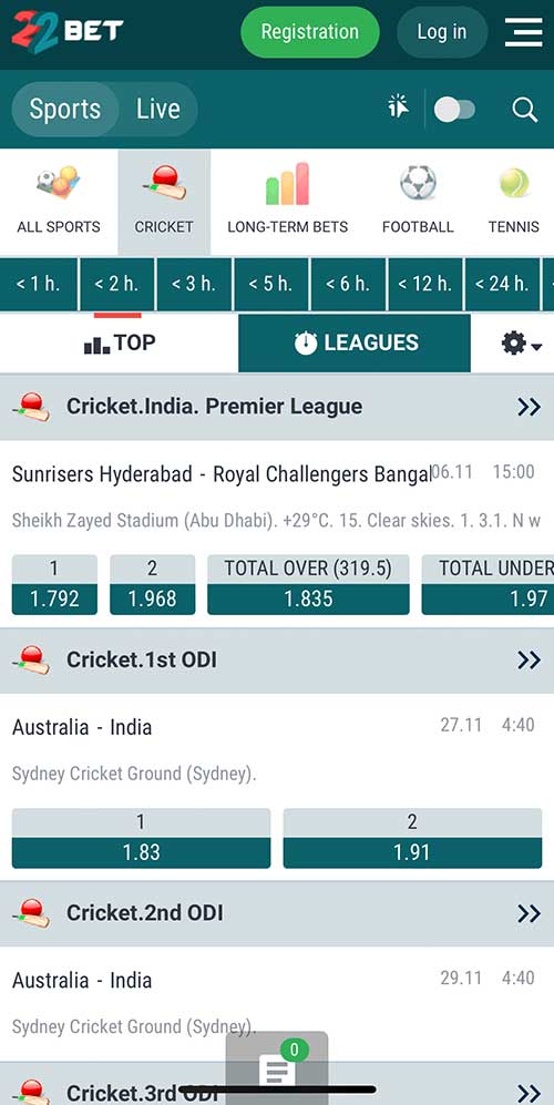 22bet cricket betting online