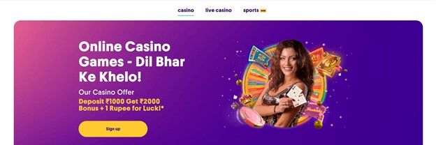 Screenshot of Casumo’s website, showing a picture of a girl and casino imagery. Text says “Deposit 1000 INR get 2000 INR Bonus plus 1 rupee for luck”