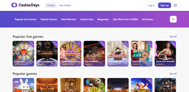 Screenshot of the Popular live games & Popular games sections at Casino Days