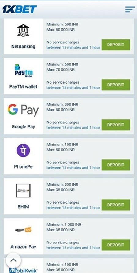 1xbet payment methods