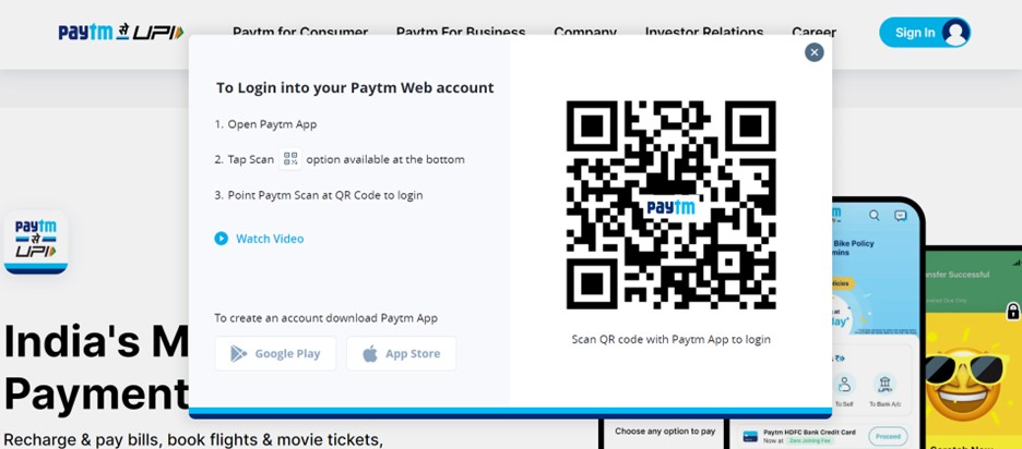 Sign up window paytm