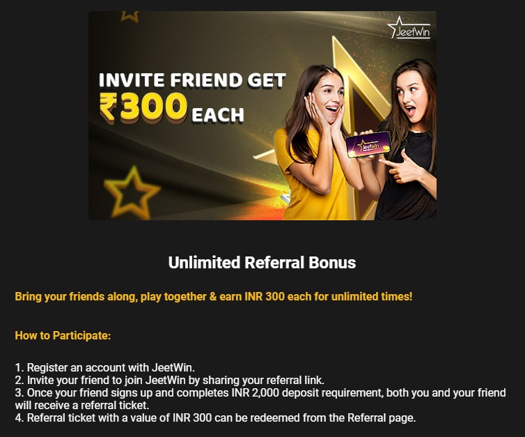 Screenshot of the Unlimited Referral Bonus at JeetWin.