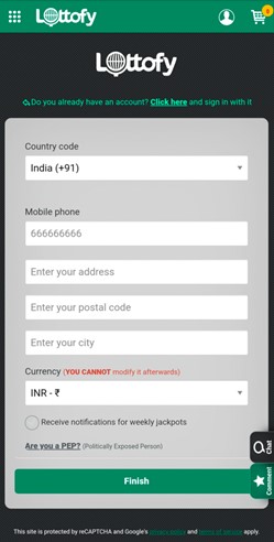 Completing sign up on lottofy app