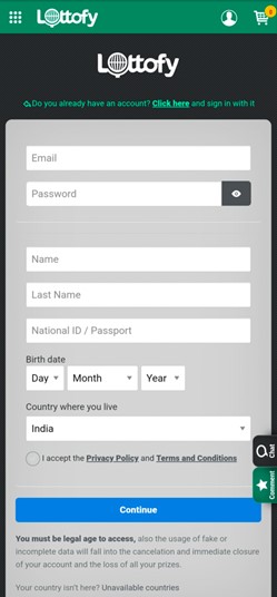Signing up on lottofy app