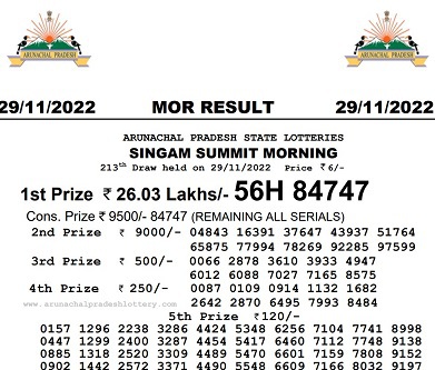 Screenshot of the Arunachal Pradesh state lottery result from 29.11.2022.