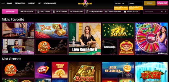 Screenshot showing the All Games section on Lucky Niki