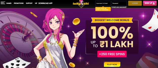 Screenshot of the Lucky Niki casino homepage