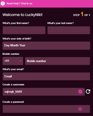 Sign up window on Lucky Niki