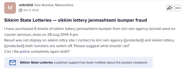 Sikkim state lotteries complaint