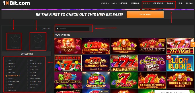 Screenshot pointing towards different section on the 1xBit homepage