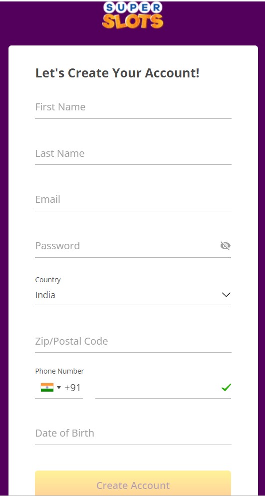 Creating account on super slots