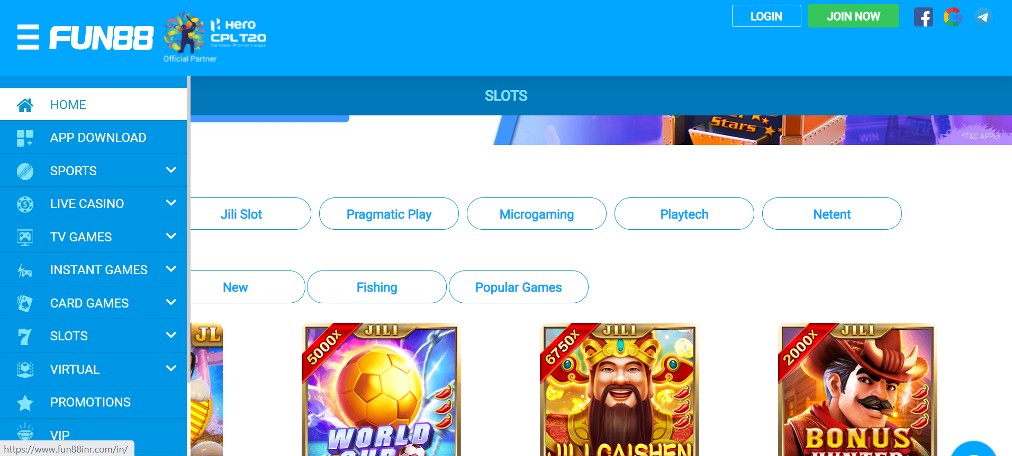 Screenshot from the Slots section on the home page of Fun88