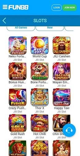 Screenshot of slot games from Fun88 mobile app