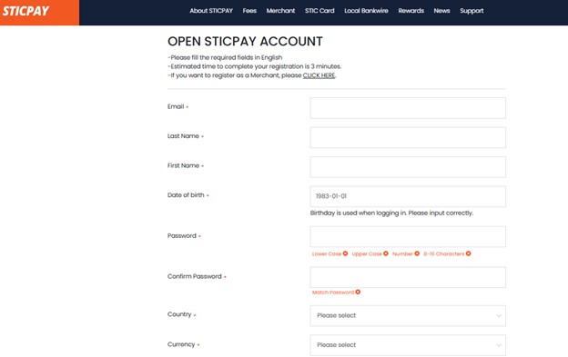 Opening account on sticpay