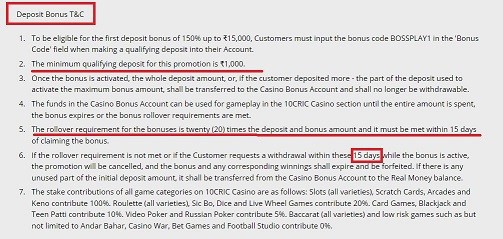 Screenshot of the 10CRIC deposit bonus terms and conditions