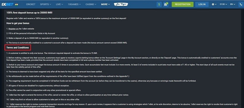 Screenshot of the 1xBet terms and conditions