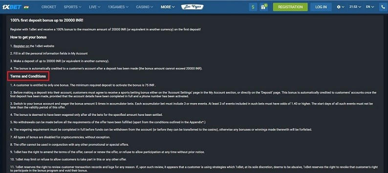 Screenshot of the 1xBet terms and conditions