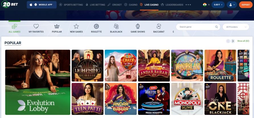 20Bet popular live casino games