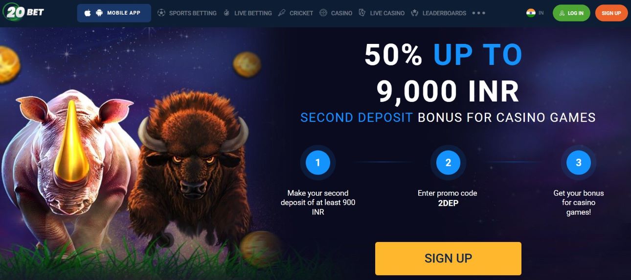 20Bet second deposit bonus for casino games - 50% up to 9,000 INR