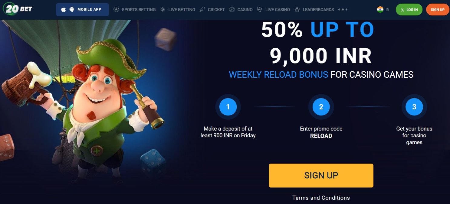 20Bet weekly reload bonus for casino games - 50% up to 9,000 INR