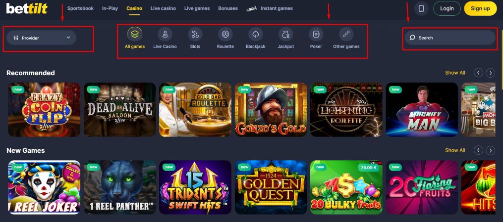 Screenshot from the Bettilt casino page, pointing to certain design elements on the page