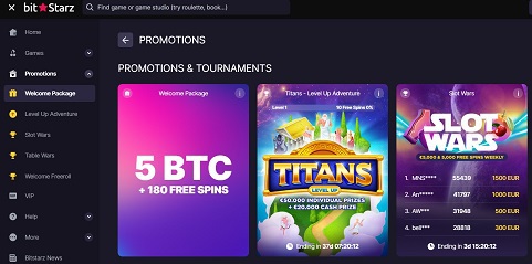 Screenshot from BitStarz of their promotions pages