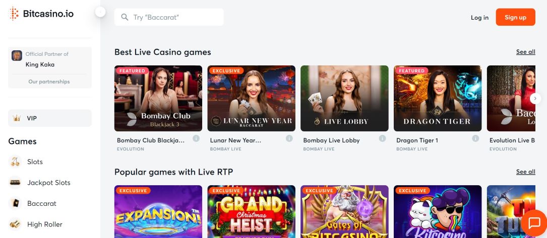 Screenshot from Bitcasino.io showing the best live casino games and popular games with Live RTP