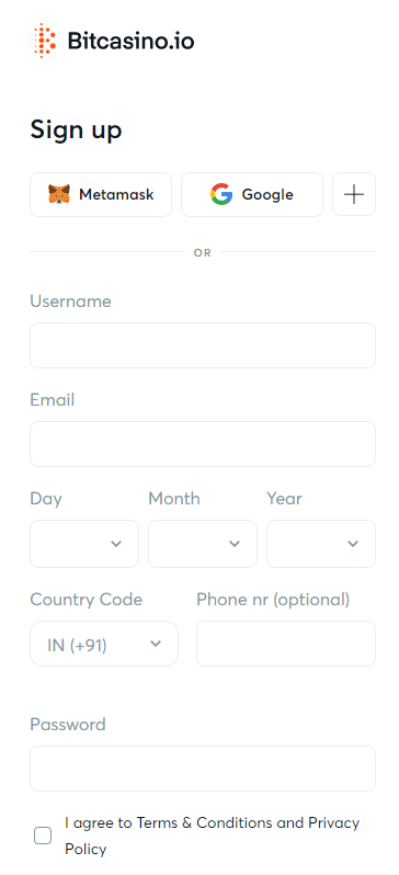 Screenshot of the sign-up page on Bitcasino.io