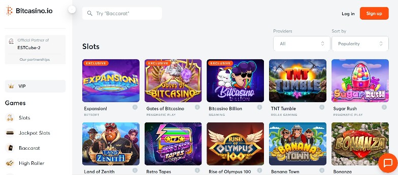 Screenshot from the Slots section on Bitcasino.io