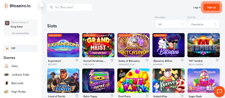 Screenshot of the Slots page on Bitcasino.io