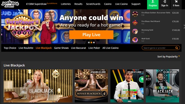 Jackpot.com live blackjack section