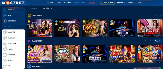 Screenshot showing the website design of Mostbet