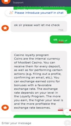 Screenshot of a chat with the Mostbet customer support