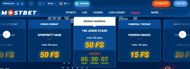 Mostbet daily promos such as 'Bonus Sunday' and 'Monday Madness'