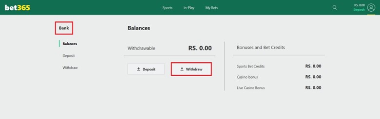 Withdrawal button on account balance on bet365