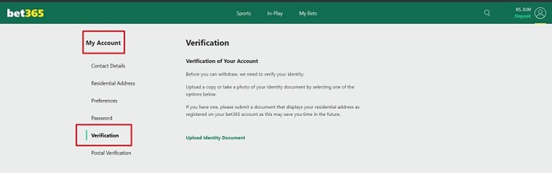 Account verification window on bet365 website