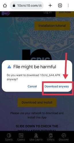 Screenshot to download the 10CRIC anyway even if file might be harmful