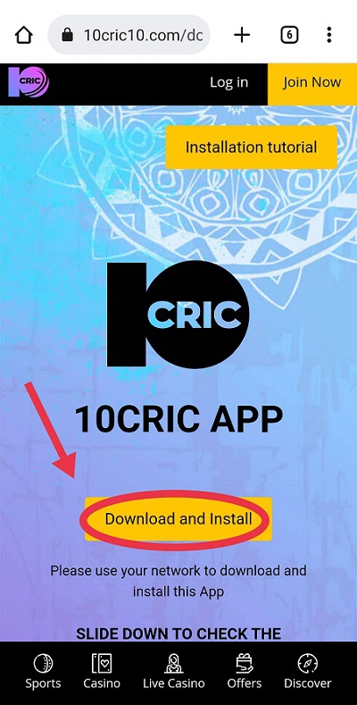 Screenshot to download and install the 10CRIC app