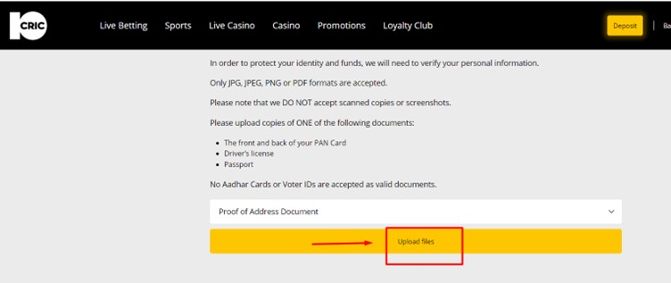 Screenshot showing where to upload your documents for account verification at 10CRIC