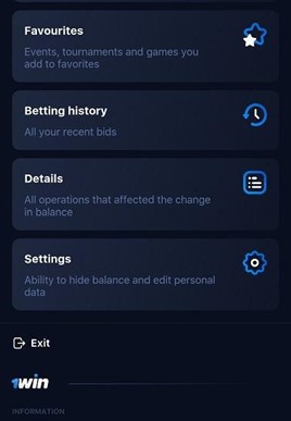 Screenshot of the Settings section on the 1Win app