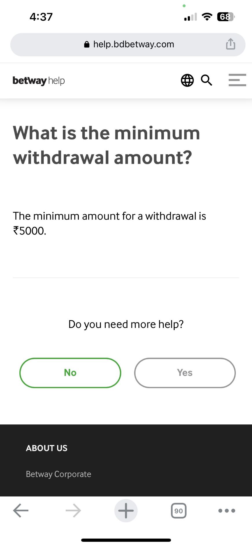 Screenshot from betwayhelp with a question on the minimum withdrawal amount