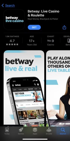 Screenshot of the Betway live casino mob app