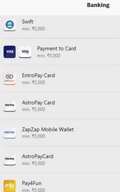 Screenshot of the payment options accepted at Betway