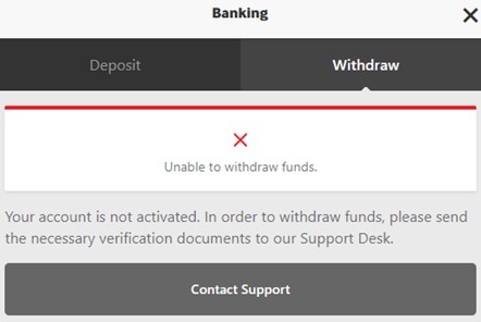 Screenshot from the Betway Banking section saying "Unable to withdraw funds"