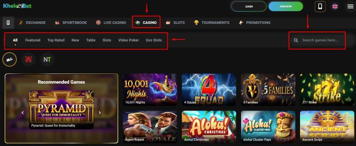 Screenshot illustrating the casino design on Khelo24Bet