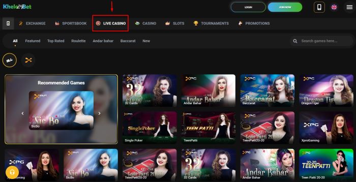 Screenshot of the live casino section on Khelo24Bet