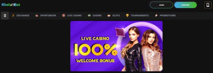 Khelo24Bet live casino 100% welcome bonus