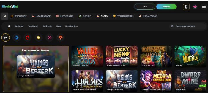 Screenshot of the slots section on Khelo24Bet